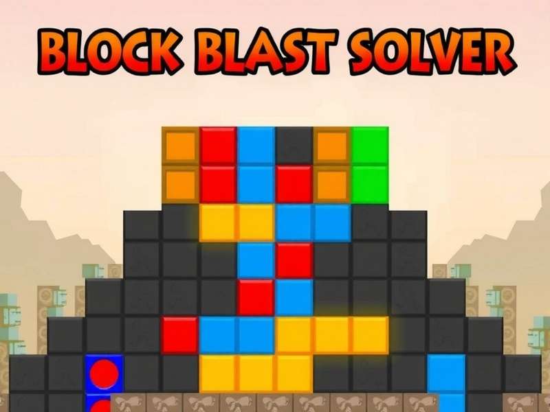 Block Blast Solver interface showing puzzle board with solver overlay and scoring tips